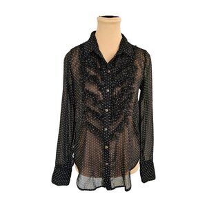 Free People Polka Dot Collared Fringe Long Sleeve Sheer Blouse Sz XS